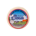 Round wheel of Queijo Minas Padrão cheese with Sara brand label featuring cows in a field.