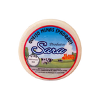 Round wheel of Queijo Minas Padrão cheese with Sara brand label featuring cows in a field.