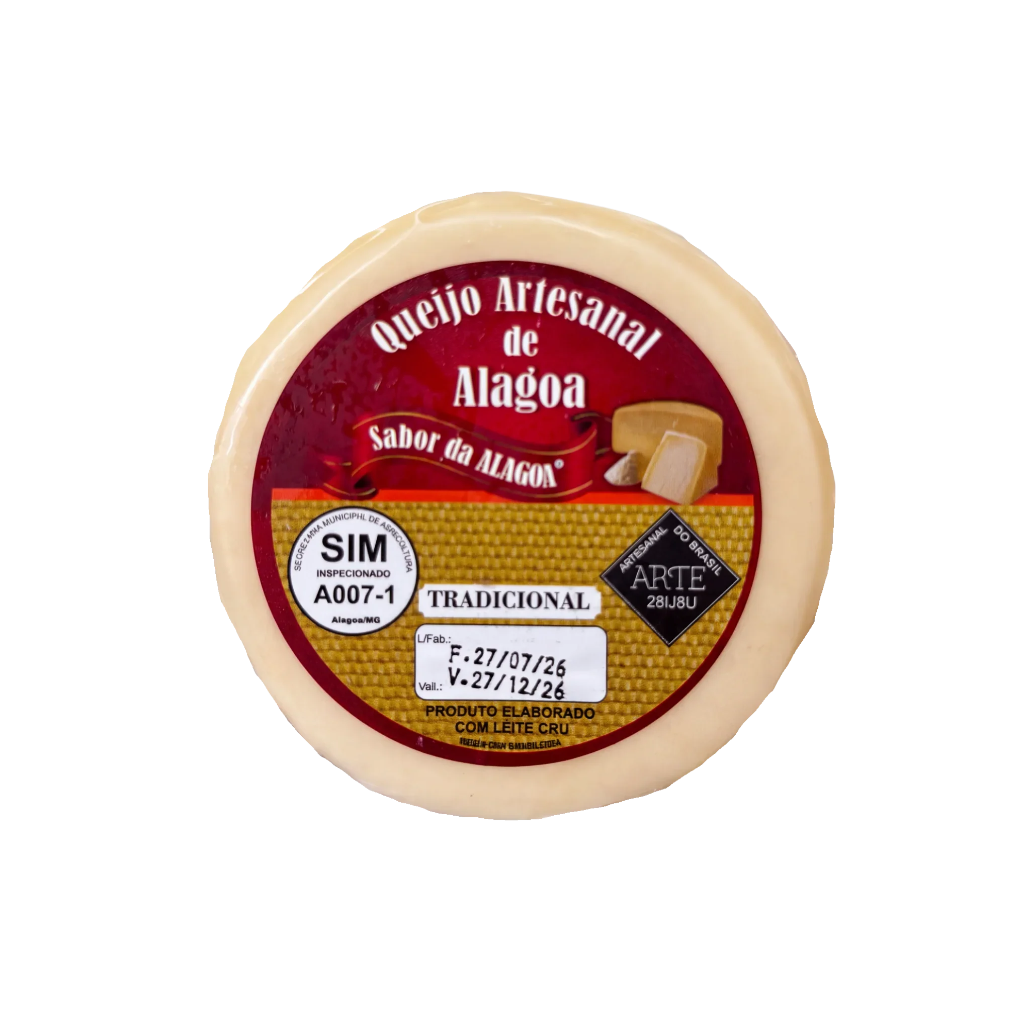 Round artisanal Alagoa cheese with a red and gold label and raw milk certification.