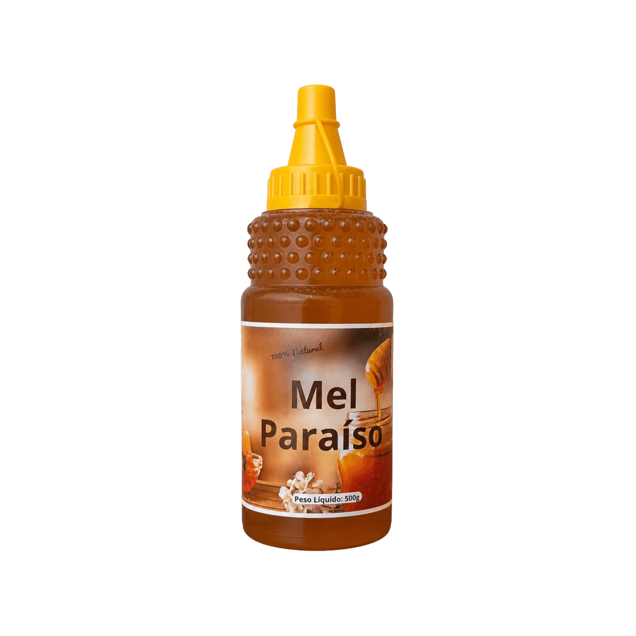 Bottle of Mel Paraíso natural honey with a yellow squeeze cap on a black background.